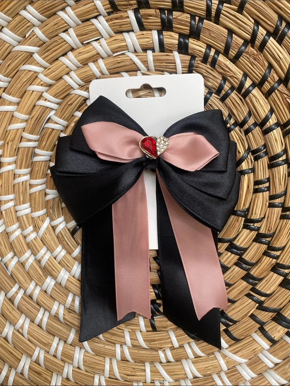 Hand Crafted Black & Blush Ribbon Bow Hair Clip with Heart Accent